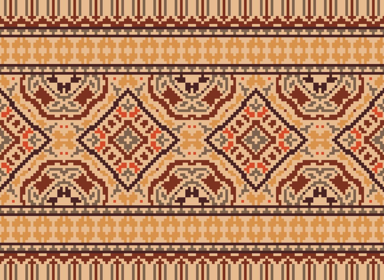 Cross Stitch pattern with Floral Designs. Traditional cross stitch needlework. Geometric Ethnic pattern, Embroidery, Textile ornamentation, fabric, Hand stitched pattern, Cultural stitching pixel art. vector