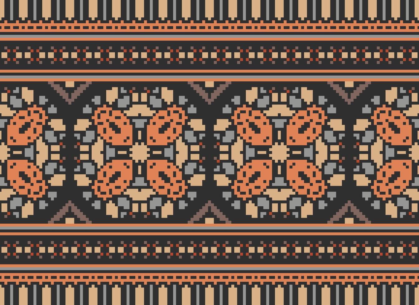 Cross Stitch pattern with Floral Designs. Traditional cross stitch needlework. Geometric Ethnic pattern, Embroidery, Textile ornamentation, fabric, Hand stitched pattern, Cultural stitching pixel art. vector