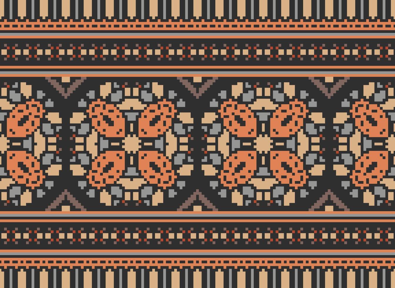 Cross Stitch pattern with Floral Designs. Traditional cross stitch needlework. Geometric Ethnic pattern, Embroidery, Textile ornamentation, fabric, Hand stitched pattern, Cultural stitching pixel art. vector