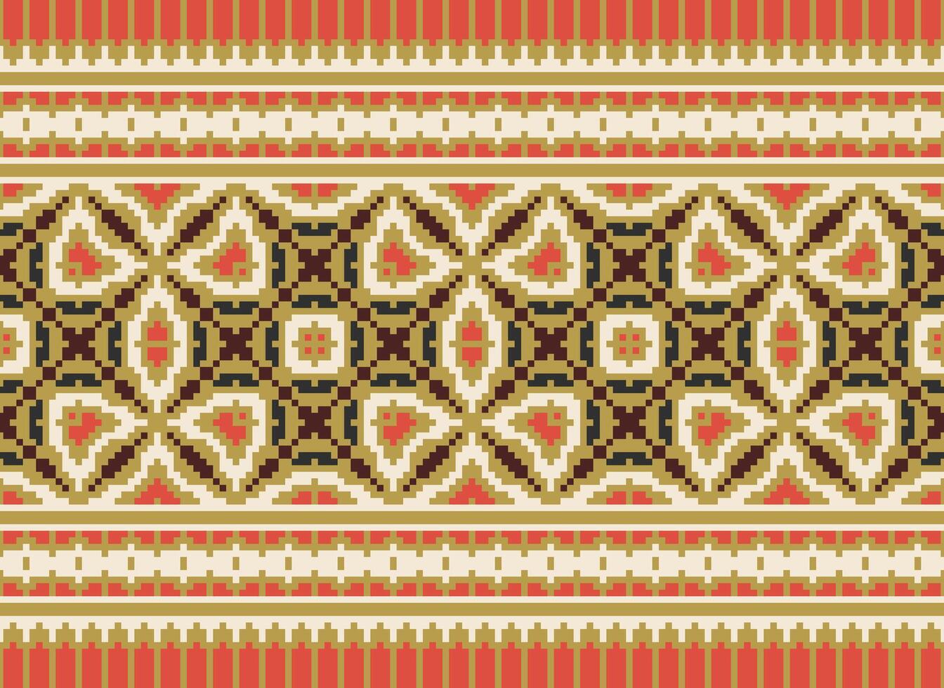 Pixel Cross Stitch pattern with Floral Designs. Traditional cross stitch needlework. Geometric Ethnic pattern, Embroidery, Textile ornamentation, fabric, Hand stitched pattern, Cultural stitching vector