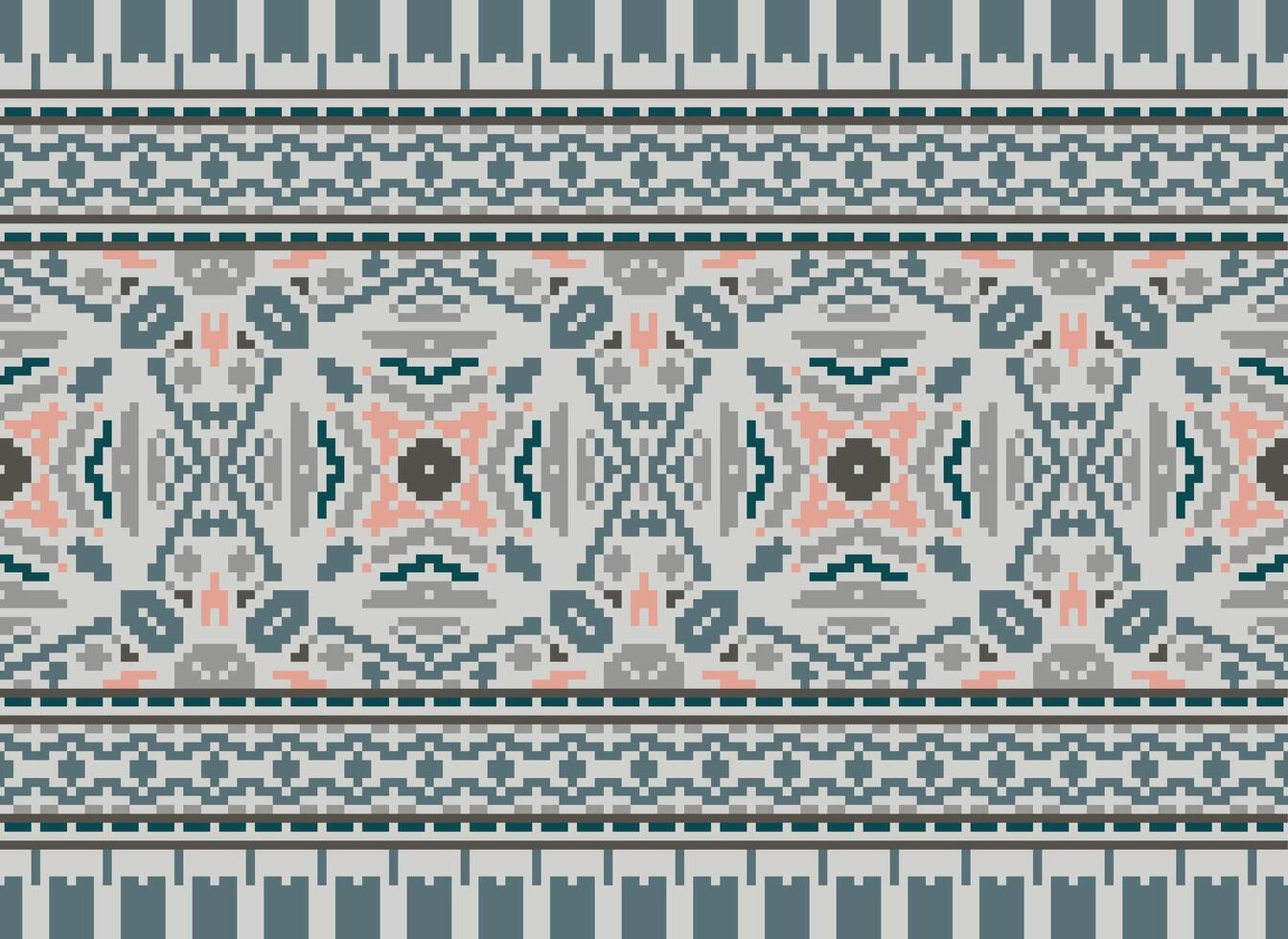 Cross Stitch pattern with Floral Designs. Traditional cross stitch needlework. Geometric Ethnic pattern, Embroidery, Textile ornamentation, fabric, Hand stitched pattern, Cultural stitching pixel art. vector