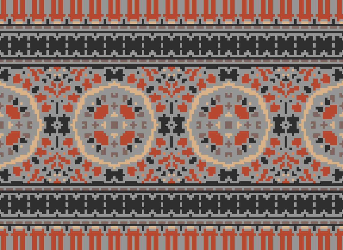 Cross Stitch pattern with Floral Designs. Traditional cross stitch needlework. Geometric Ethnic pattern, Embroidery, Textile ornamentation, fabric, Hand stitched pattern, Cultural stitching pixel art. vector
