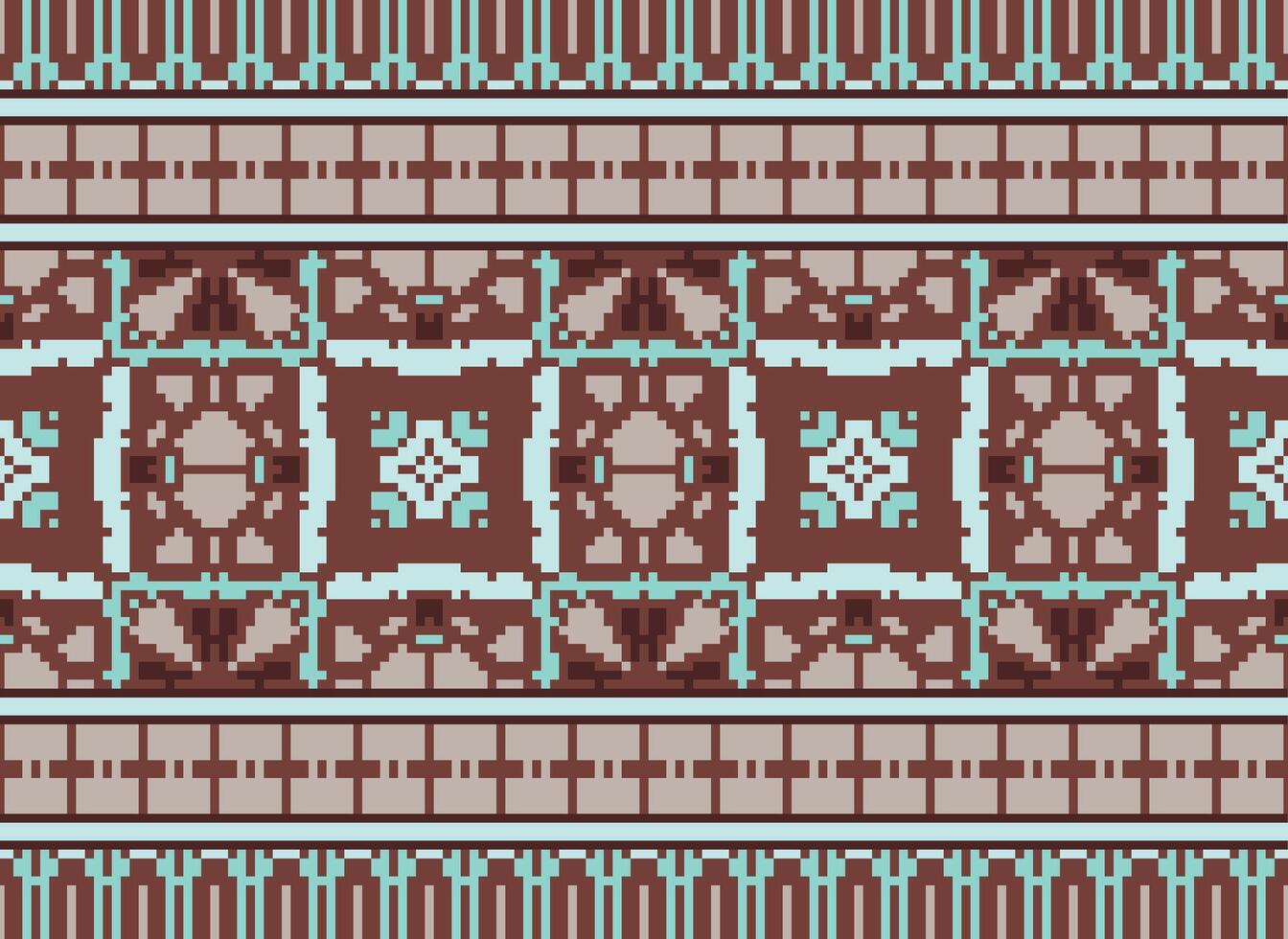Cross Stitch pattern with Floral Designs. Traditional cross stitch needlework. Geometric Ethnic pattern, Embroidery, Textile ornamentation, fabric, Hand stitched pattern, Cultural stitching pixel art. vector