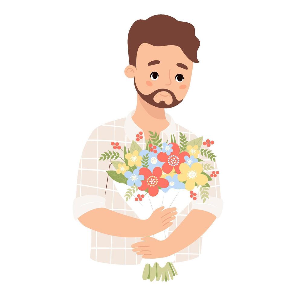linda Piel blanca barbado hombre con ramo de flores de flores festivo masculino personaje. vector ilustración.