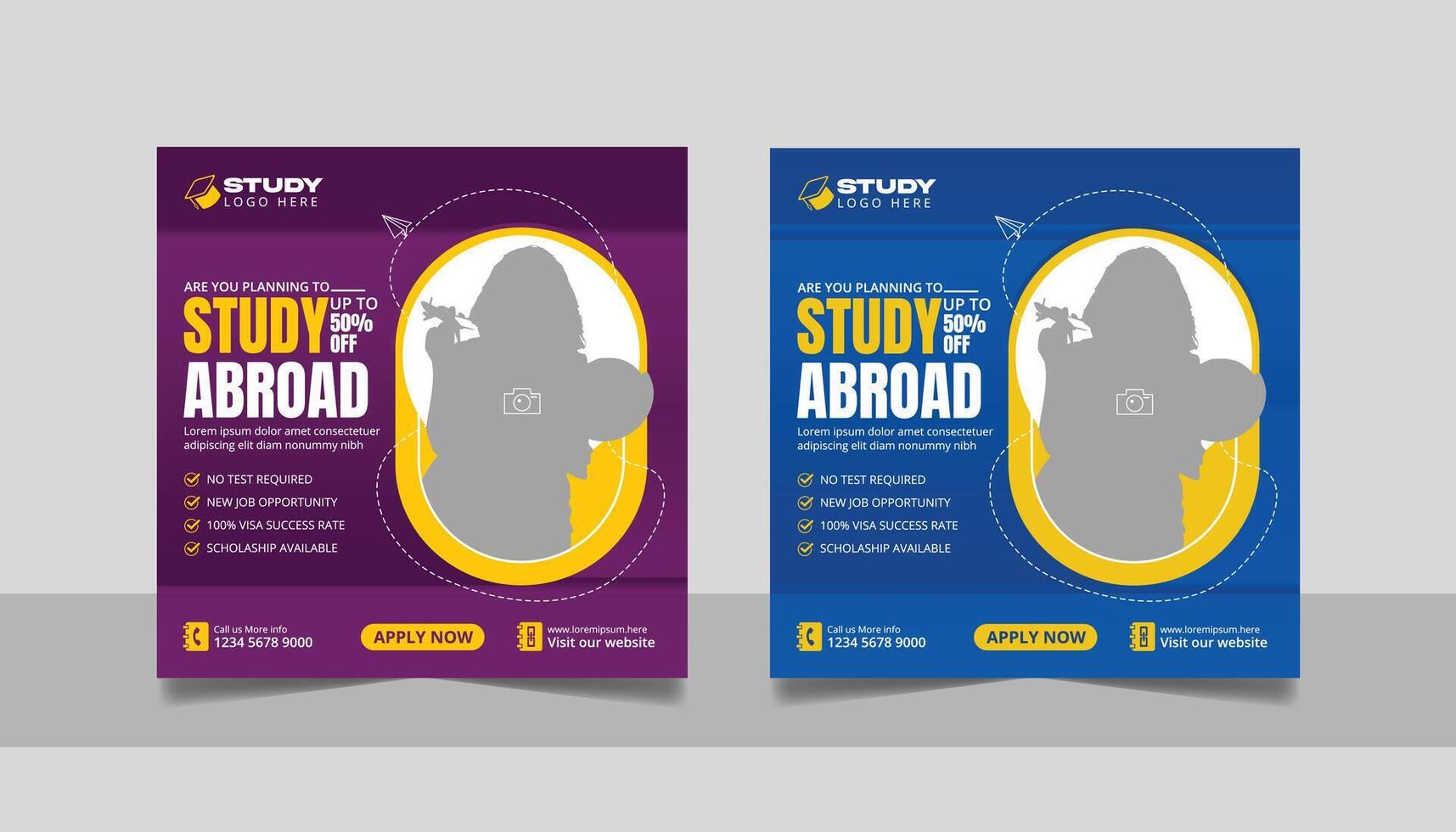 Study abroad social media post set, Higher education online square flyer school admission web banner template vector
