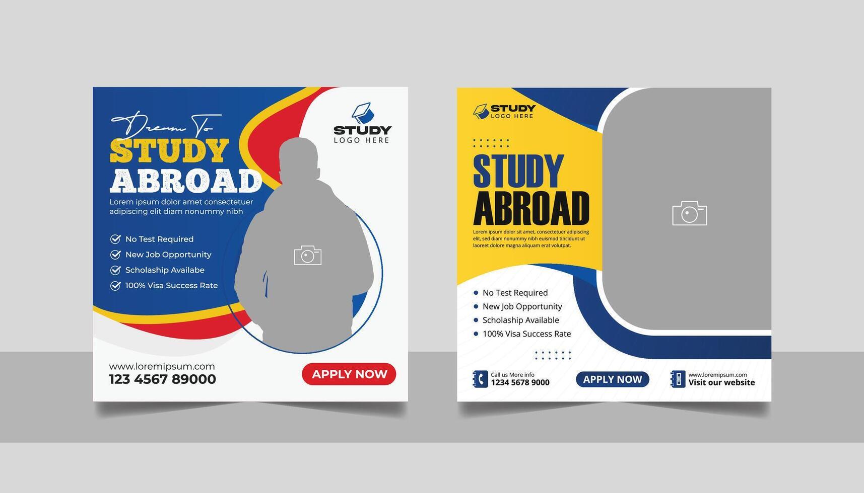 Study abroad social media post set, Higher education online square flyer school admission web banner template vector