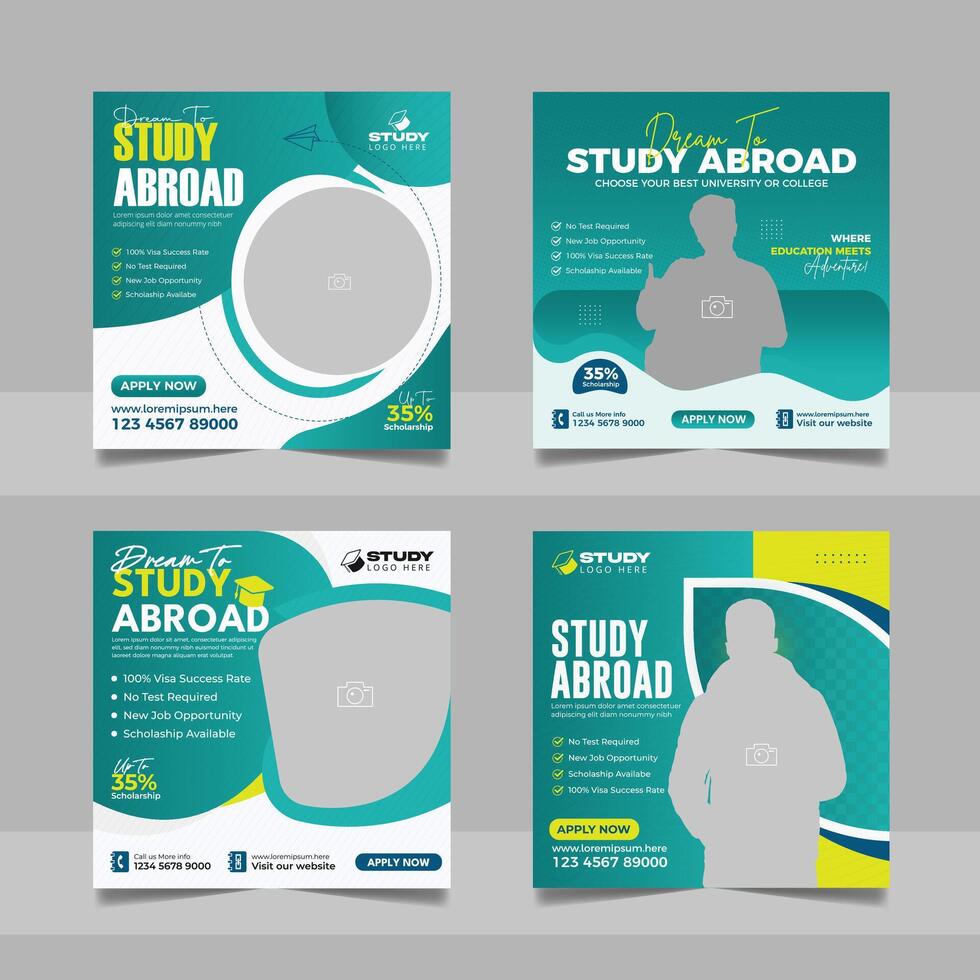 Study abroad social media post set, Higher education online square flyer school admission web banner template vector