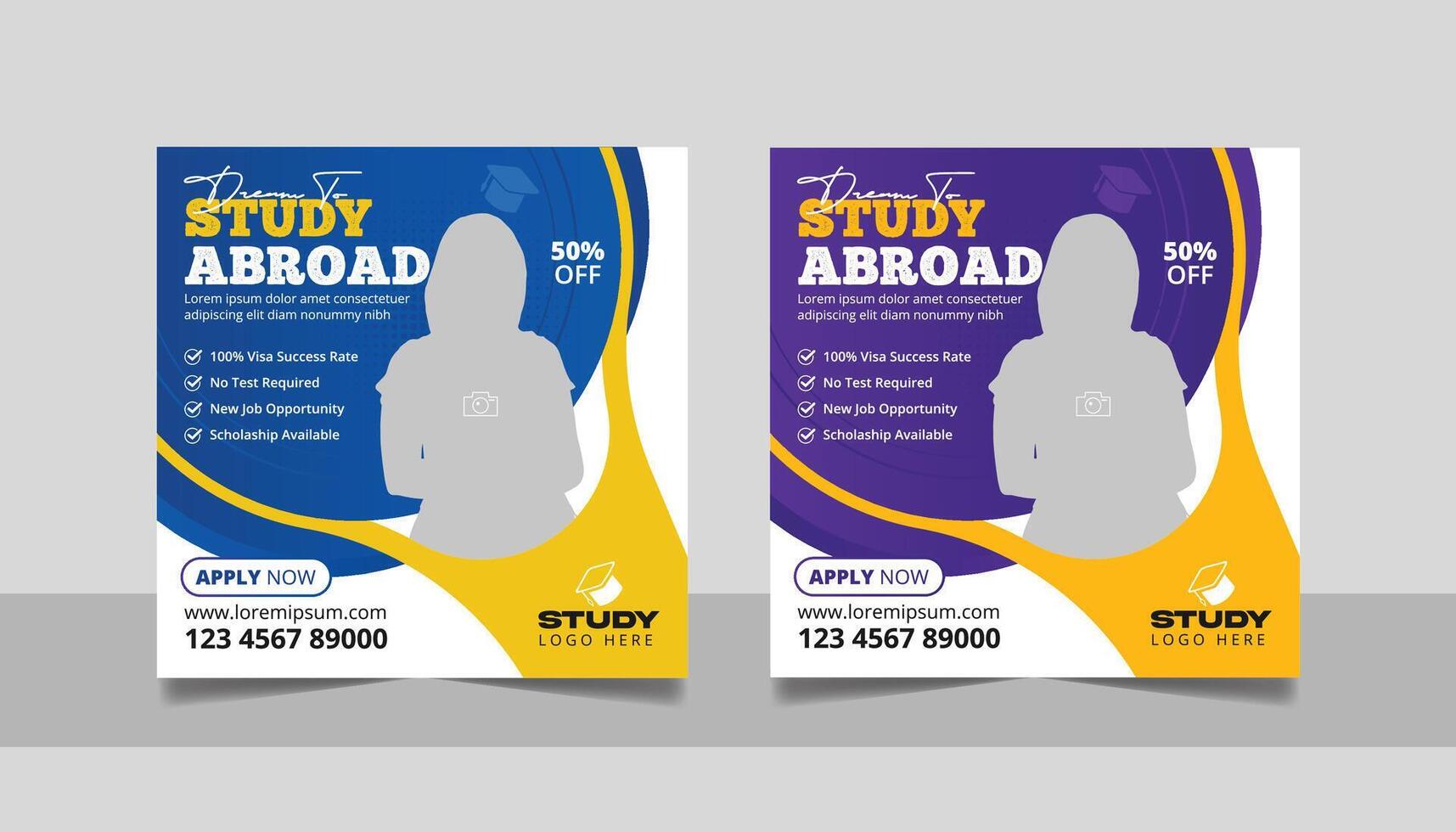 Study abroad social media post set, Higher education online square flyer school admission web banner template vector