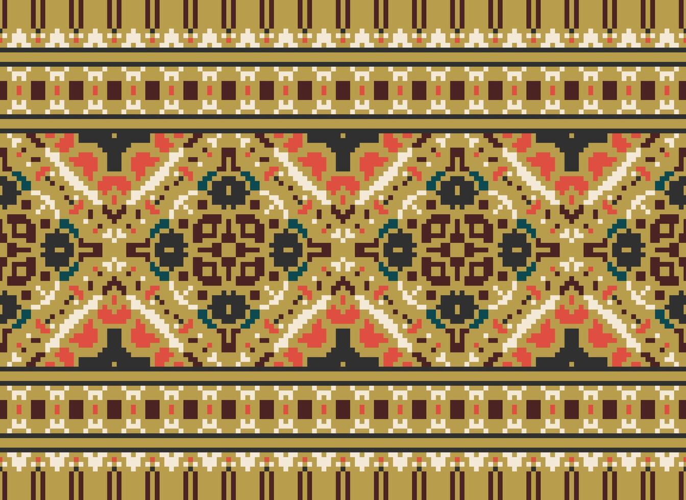 Pixel Embroidery ethnic pattern, Vector Geometric ornate background, Cross stitch retro zigzag style, pattern knitting continuous, Design for textile, fabric, ceramic, digital print