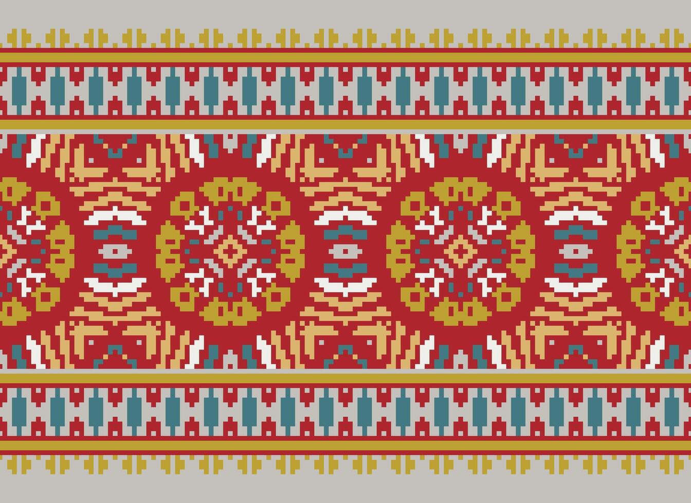 flower embroidery on brown background. ikat and cross stitch geometric seamless pattern ethnic oriental traditional. Aztec style illustration design for carpet, wallpaper, clothing, wrapping, batik. vector