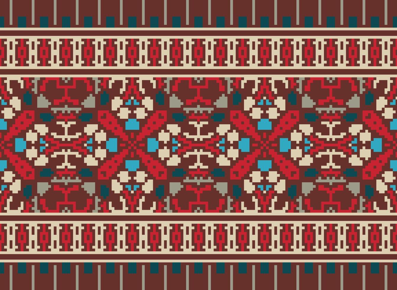 flor bordado en marrón antecedentes. ikat y cruzar puntada geométrico sin costura modelo étnico oriental tradicional. azteca estilo ilustración diseño para alfombra, fondo de pantalla, ropa, envase, batik. vector