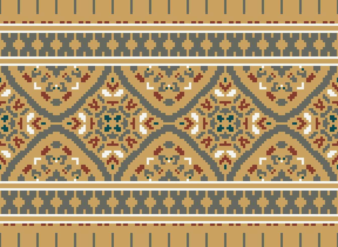 flower embroidery on brown background. ikat and cross stitch geometric seamless pattern ethnic oriental traditional. Aztec style illustration design for carpet, wallpaper, clothing, wrapping, batik. vector