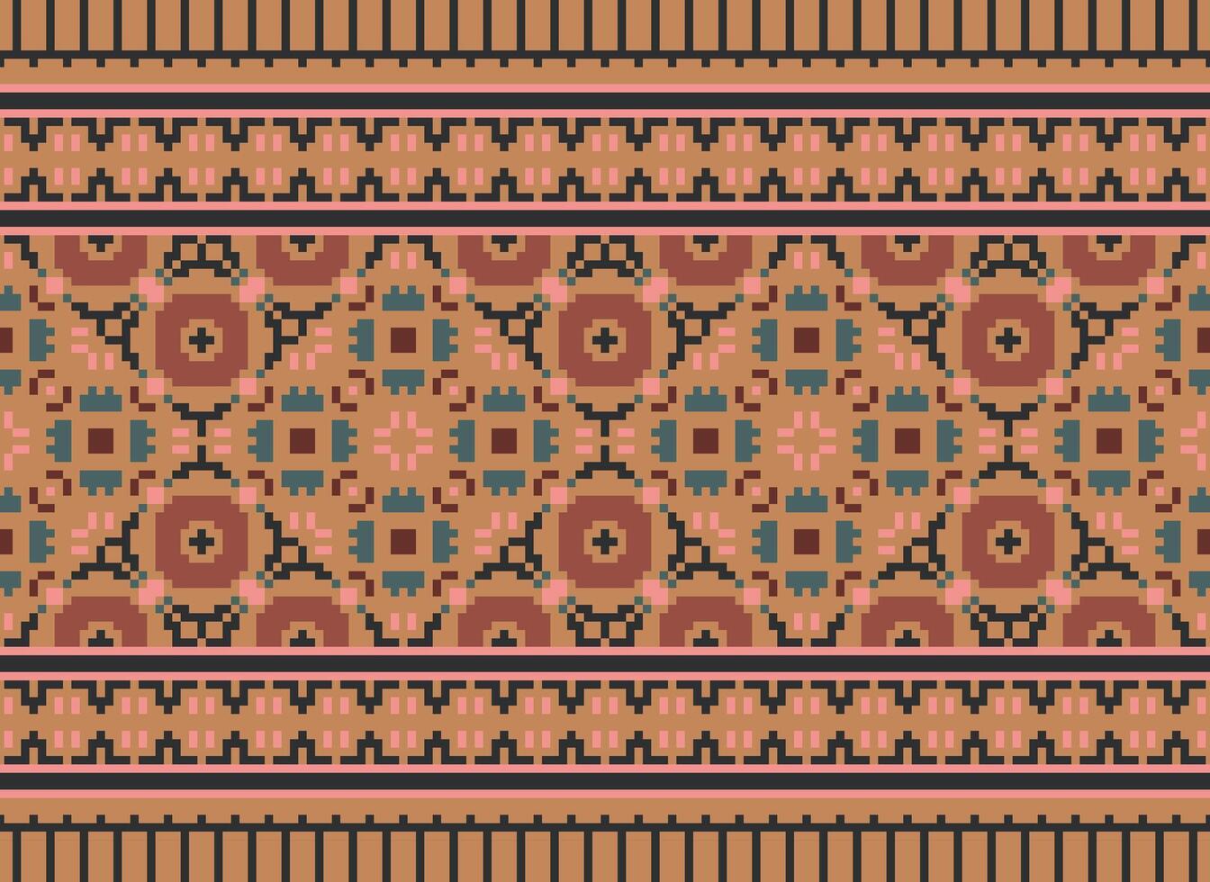 Pixel Cross Stitch pattern with Floral Designs. Traditional cross stitch needlework. Geometric Ethnic pattern, Embroidery, Textile ornamentation, fabric, Hand stitched pattern, pixel art. vector