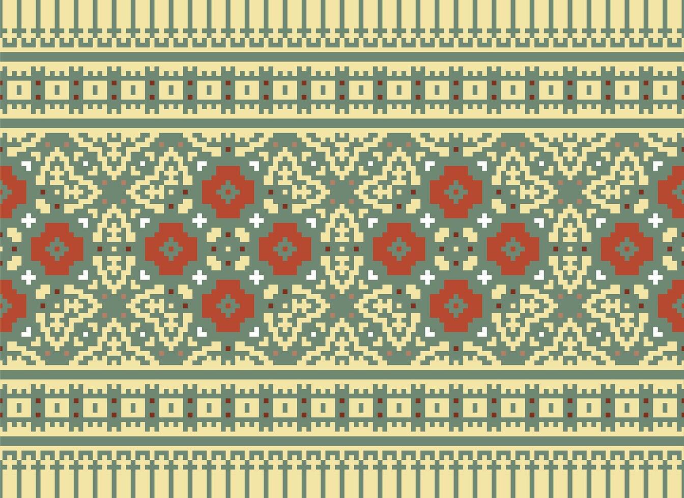 Cross Stitch pattern with Floral Designs. Traditional cross stitch needlework. Geometric Ethnic pattern, Embroidery, Textile ornamentation, fabric, Hand stitched pattern, Cultural stitching pixel art. vector