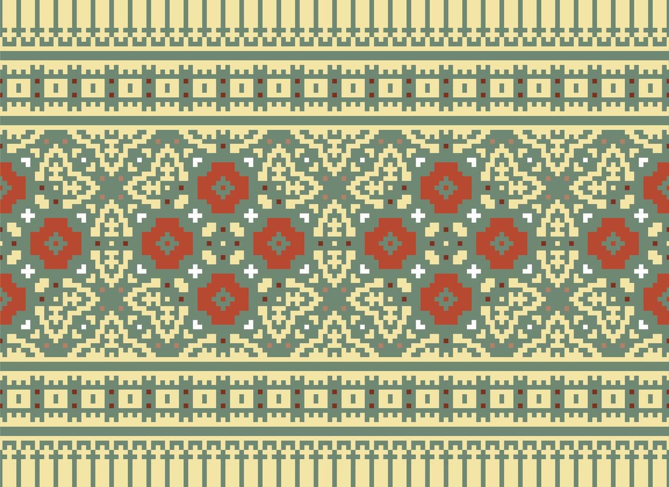 Cross Stitch pattern with Floral Designs. Traditional cross stitch needlework. Geometric Ethnic pattern, Embroidery, Textile ornamentation, fabric, Hand stitched pattern, Cultural stitching pixel art. vector