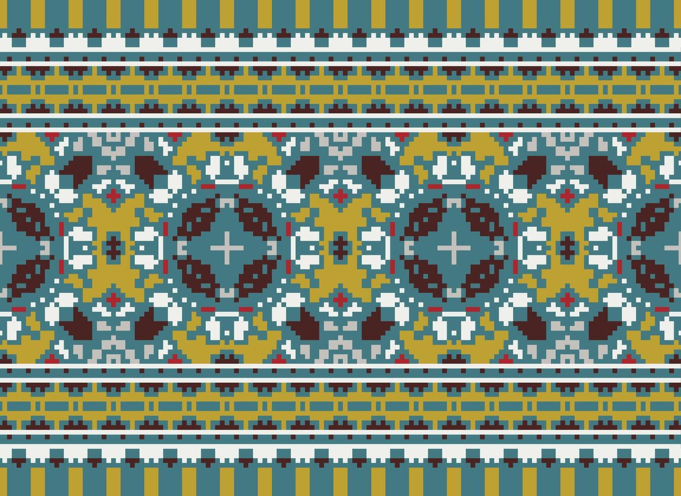 Cross Stitch pattern with Floral Designs. Traditional cross stitch needlework. Geometric Ethnic pattern, Embroidery, Textile ornamentation, fabric, Hand stitched pattern, Cultural stitching pixel art. vector