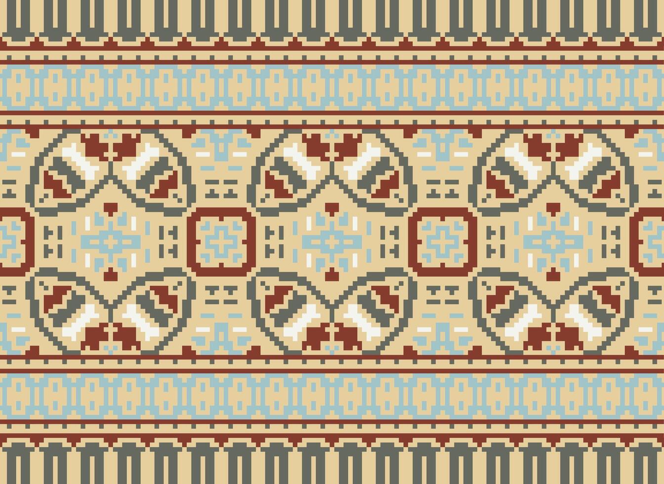 Cross Stitch pattern with Floral Designs. Traditional cross stitch needlework. Geometric Ethnic pattern, Embroidery, Textile ornamentation, fabric, Hand stitched pattern, Cultural stitching pixel art. vector