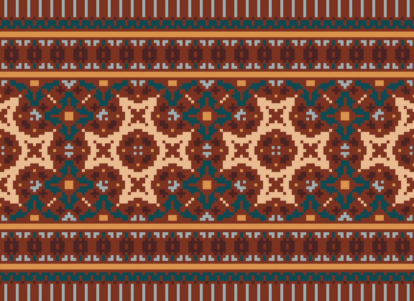 Pixel Cross Stitch pattern with Floral Designs. Traditional cross stitch needlework. Geometric Ethnic pattern, Embroidery, Textile ornamentation, fabric, Hand stitched pattern, Cultural stitching vector