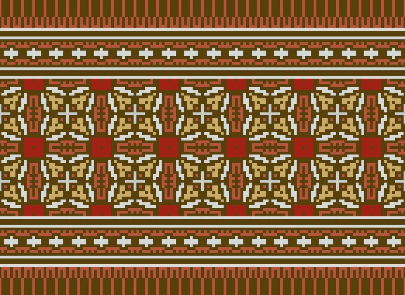 Pixel Cross Stitch pattern with Floral Designs. Traditional cross stitch needlework. Geometric Ethnic pattern, Embroidery, Textile ornamentation, fabric, Hand stitched pattern, Cultural stitching vector