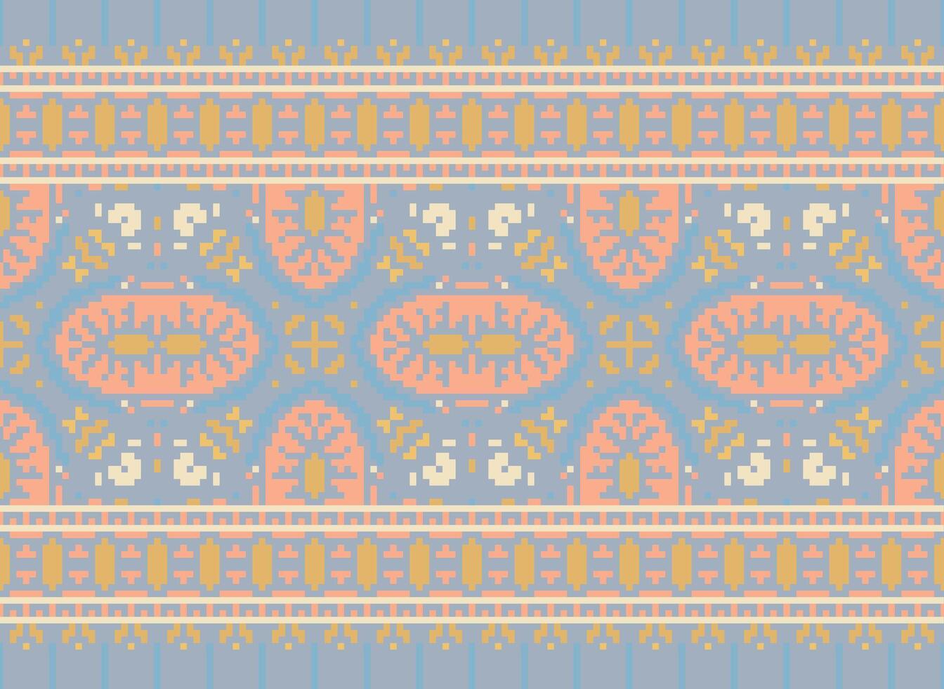 Cross Stitch Border. Embroidery Cross Stitch. Ethnic Patterns. Geometric Ethnic Indian pattern. Native Ethnic pattern.Texture Textile Fabric Clothing Knitwear print. Pixel Horizontal Seamless Vector. vector