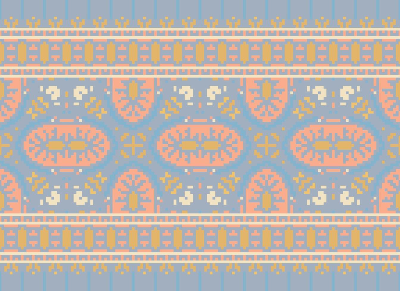 Cross Stitch Border. Embroidery Cross Stitch. Ethnic Patterns. Geometric Ethnic Indian pattern. Native Ethnic pattern.Texture Textile Fabric Clothing Knitwear print. Pixel Horizontal Seamless Vector. vector