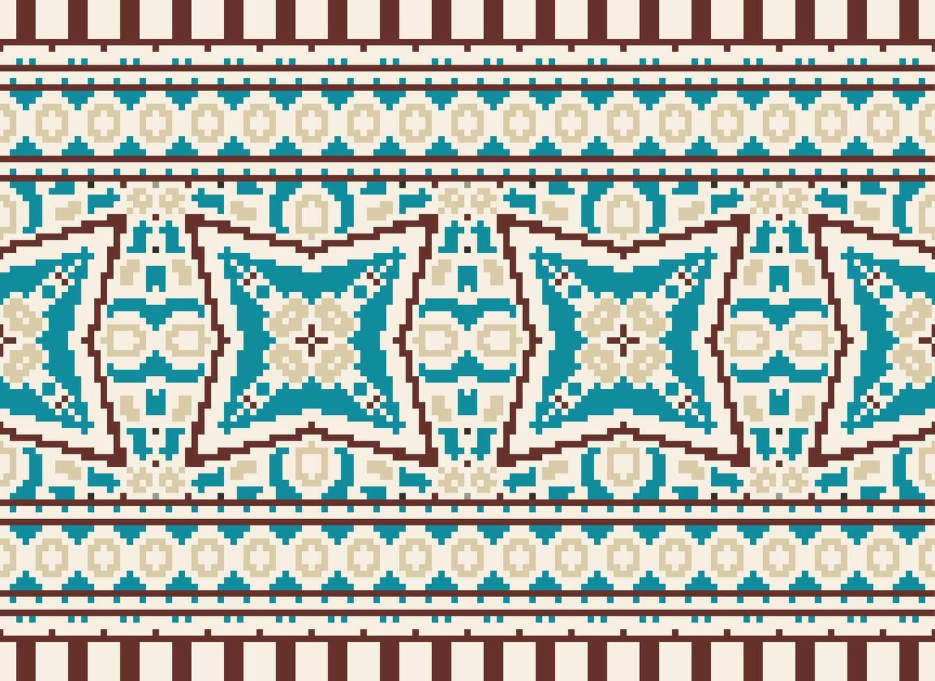 Cross Stitch pattern with Floral Designs. Traditional cross stitch needlework. Geometric Ethnic pattern, Embroidery, Textile ornamentation, fabric, Hand stitched pattern, Cultural stitching pixel art. vector