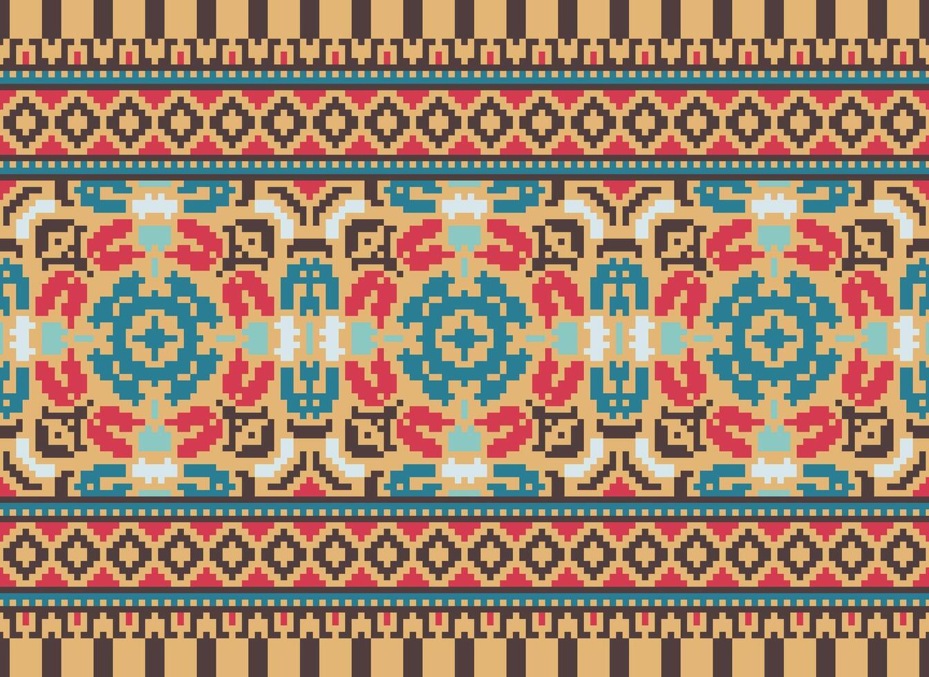 Pixel traditional ethnic pattern paisley flower Ikat background abstract Aztec African Indonesian Indian seamless pattern for fabric print cloth dress carpet curtains and sarong vector