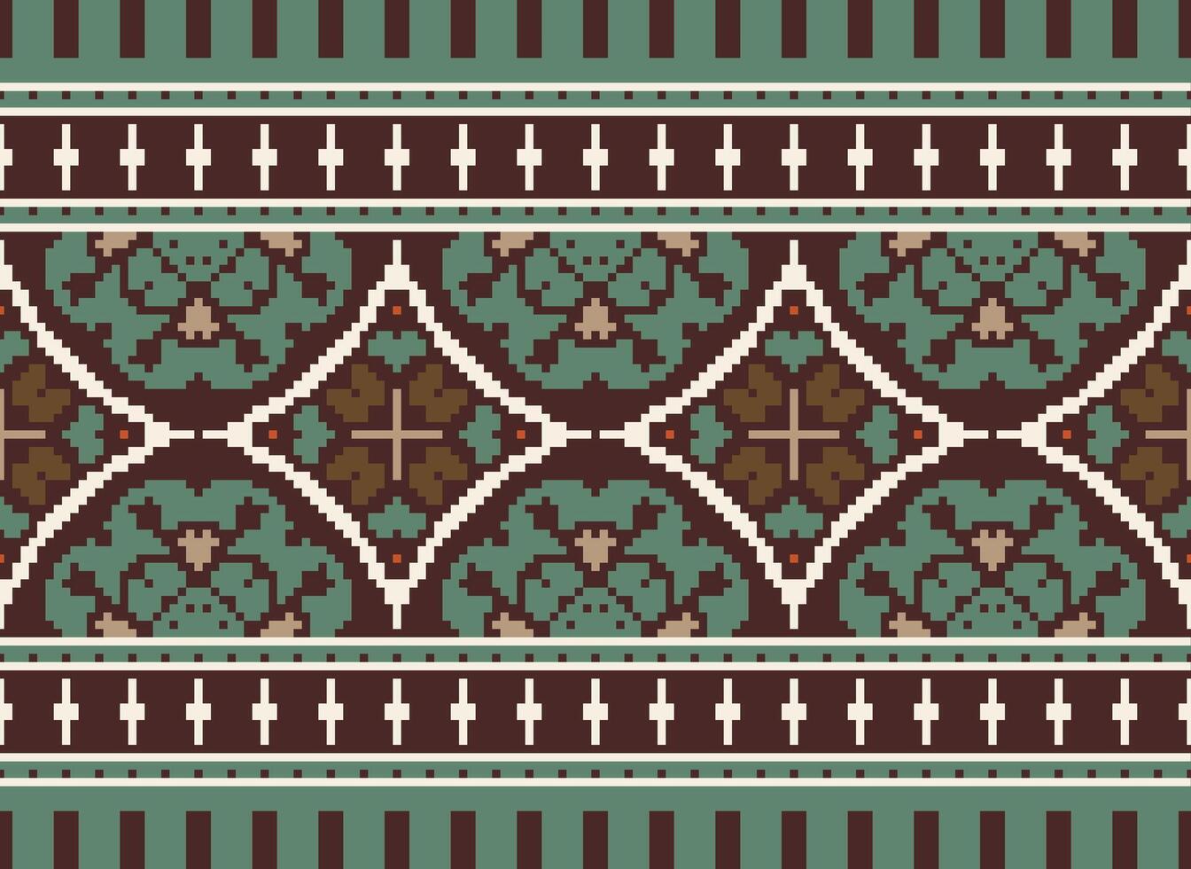 Cross Stitch pattern with Floral Designs. Traditional cross stitch needlework. Geometric Ethnic pattern, Embroidery, Textile ornamentation, fabric, Hand stitched pattern, Cultural stitching pixel art. vector