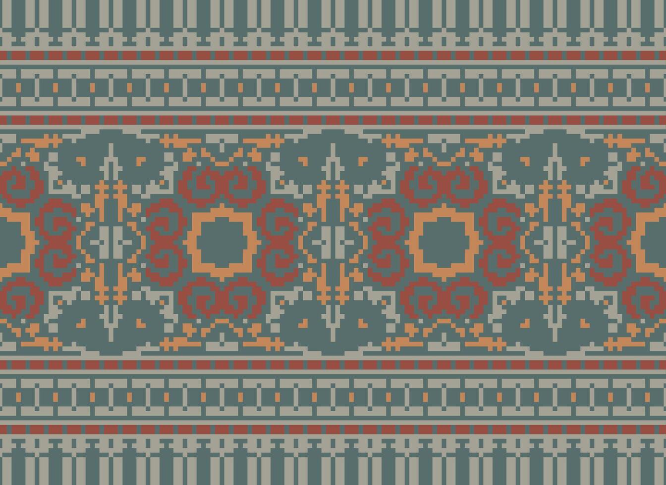 Pixel Cross Stitch pattern with Floral Designs. Traditional cross stitch needlework. Geometric Ethnic pattern, Embroidery, Textile ornamentation, fabric, Hand stitched pattern, pixel art. vector