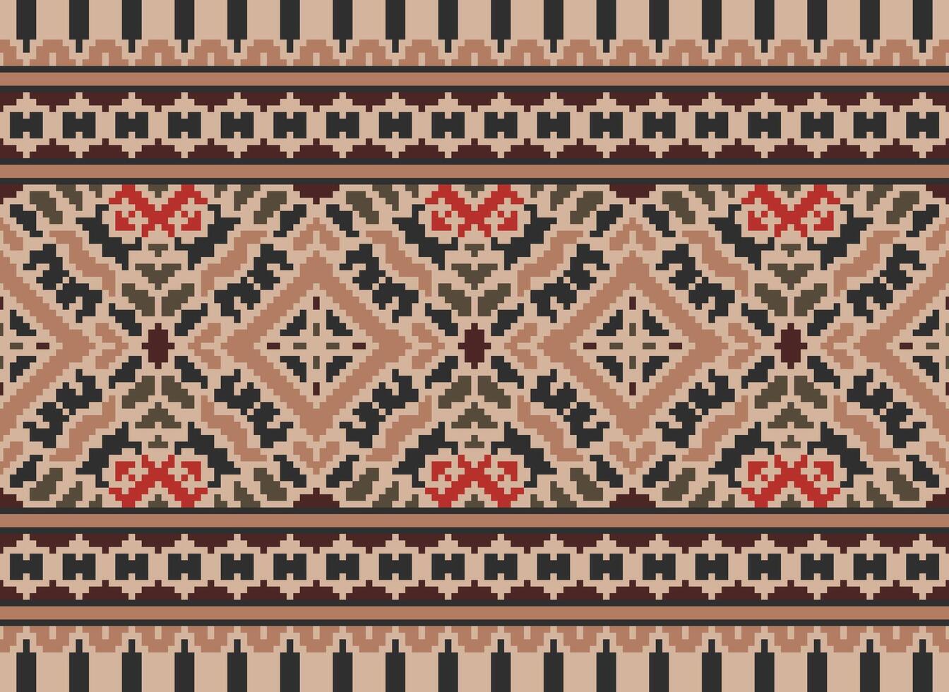 Cross Stitch pattern with Floral Designs. Traditional cross stitch needlework. Geometric Ethnic pattern, Embroidery, Textile ornamentation, fabric, Hand stitched pattern, Cultural stitching pixel art. vector