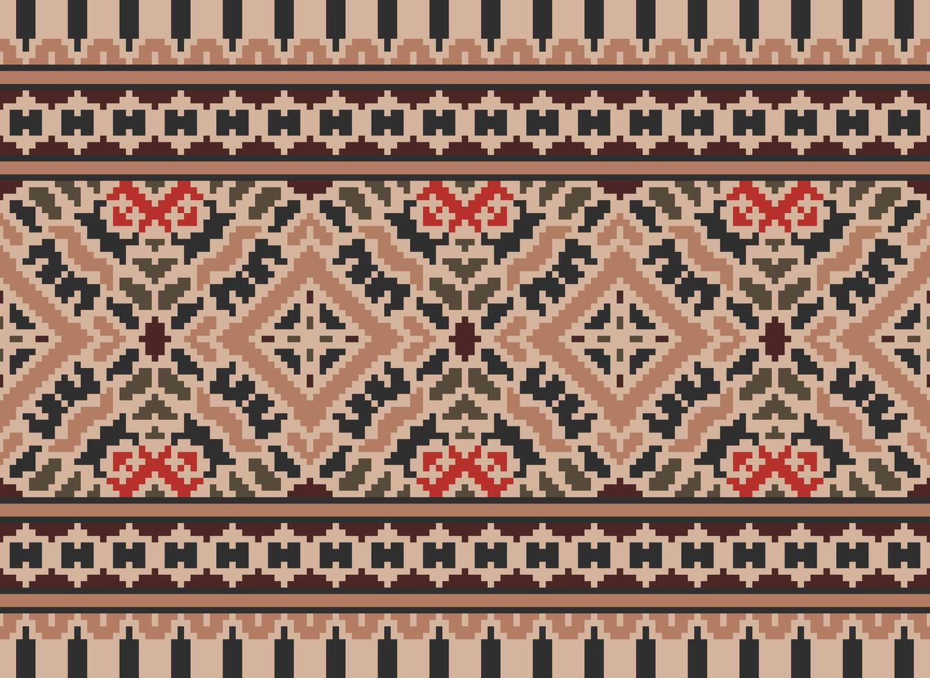 Cross Stitch pattern with Floral Designs. Traditional cross stitch needlework. Geometric Ethnic pattern, Embroidery, Textile ornamentation, fabric, Hand stitched pattern, Cultural stitching pixel art. vector