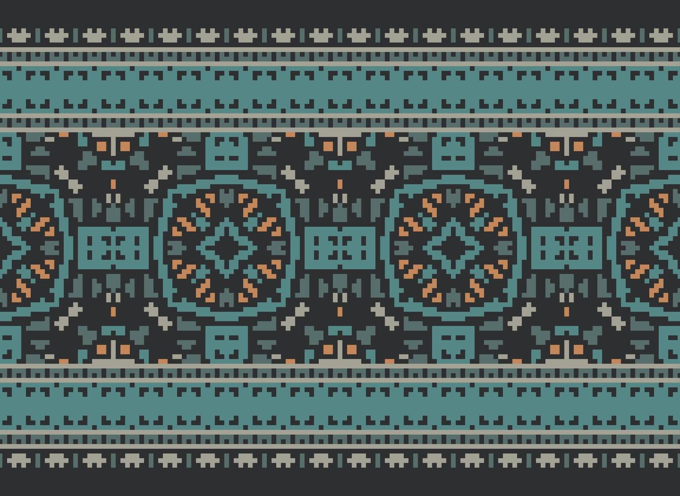 Pixel Cross Stitch pattern with Floral Designs. Traditional cross stitch needlework. Geometric Ethnic pattern, Embroidery, Textile ornamentation, fabric, Hand stitched pattern, pixel art. vector