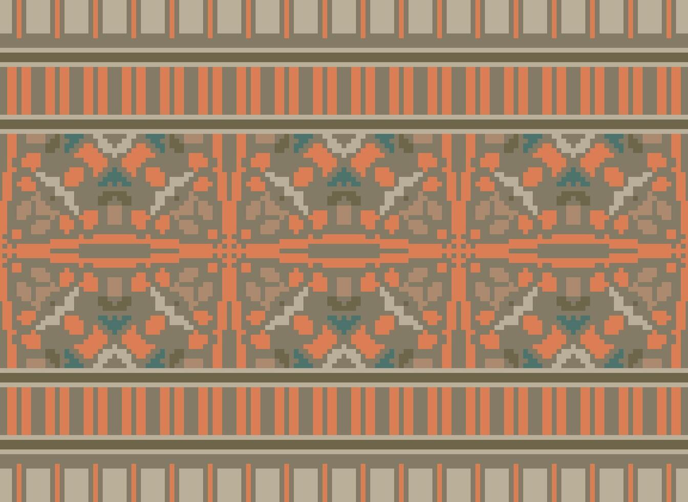 flower embroidery on brown background. ikat and cross stitch geometric seamless pattern ethnic oriental traditional. Aztec style illustration design for carpet, wallpaper, clothing, wrapping, batik. vector