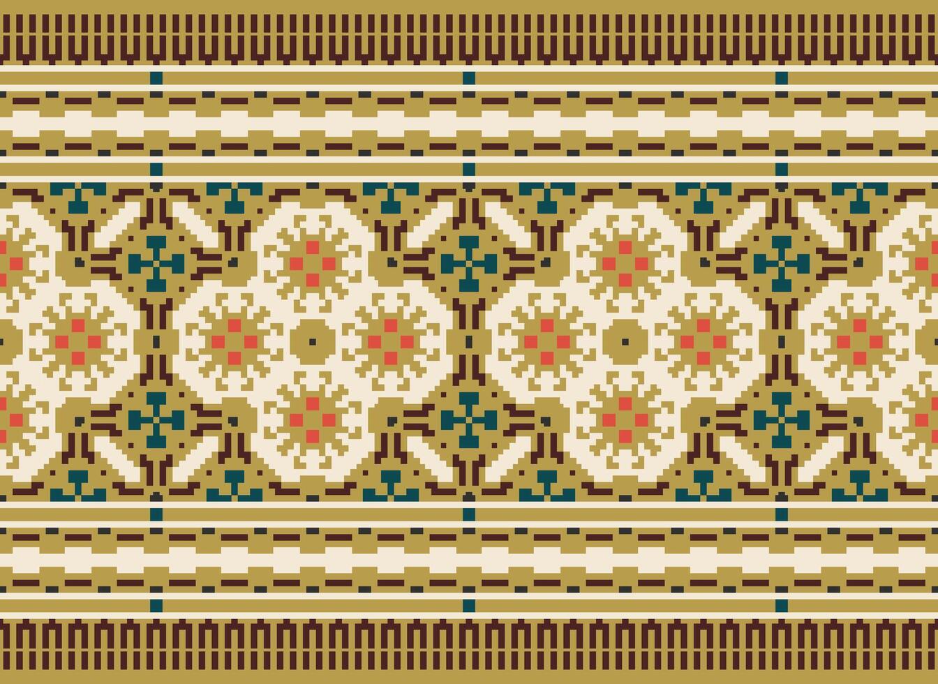 Pixel Cross Stitch pattern with Floral Designs. Traditional cross stitch needlework. Geometric Ethnic pattern, Embroidery, Textile ornamentation, fabric, Hand stitched pattern, Cultural stitching vector