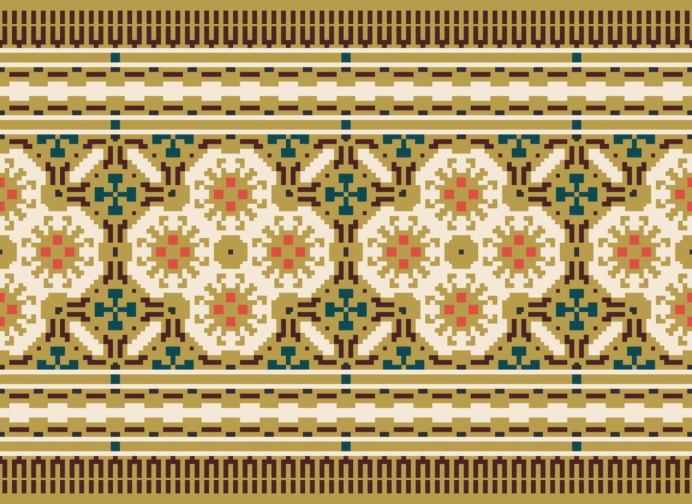 Pixel Cross Stitch pattern with Floral Designs. Traditional cross stitch needlework. Geometric Ethnic pattern, Embroidery, Textile ornamentation, fabric, Hand stitched pattern, Cultural stitching vector