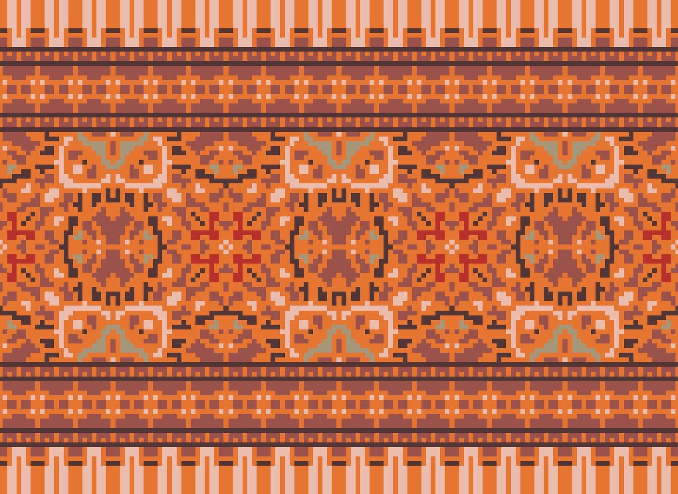 Pixel Cross Stitch pattern with Floral Designs. Traditional cross stitch needlework. Geometric Ethnic pattern, Embroidery, Textile ornamentation, fabric, Hand stitched pattern, pixel art. vector