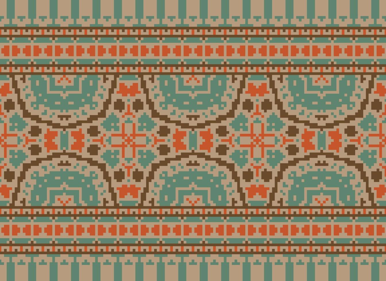 Cross Stitch pattern with Floral Designs. Traditional cross stitch needlework. Geometric Ethnic pattern, Embroidery, Textile ornamentation, fabric, Hand stitched pattern, Cultural stitching pixel art. vector