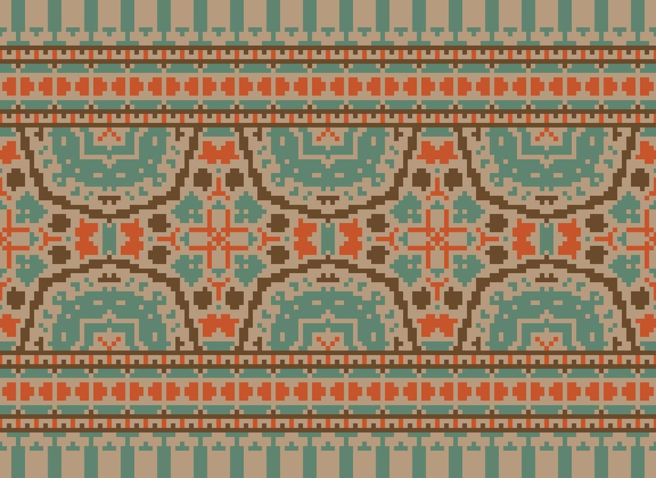 Cross Stitch pattern with Floral Designs. Traditional cross stitch needlework. Geometric Ethnic pattern, Embroidery, Textile ornamentation, fabric, Hand stitched pattern, Cultural stitching pixel art. vector