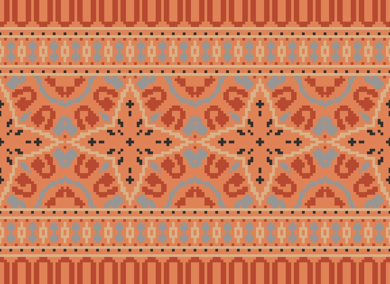 Cross Stitch pattern with Floral Designs. Traditional cross stitch needlework. Geometric Ethnic pattern, Embroidery, Textile ornamentation, fabric, Hand stitched pattern, Cultural stitching pixel art. vector