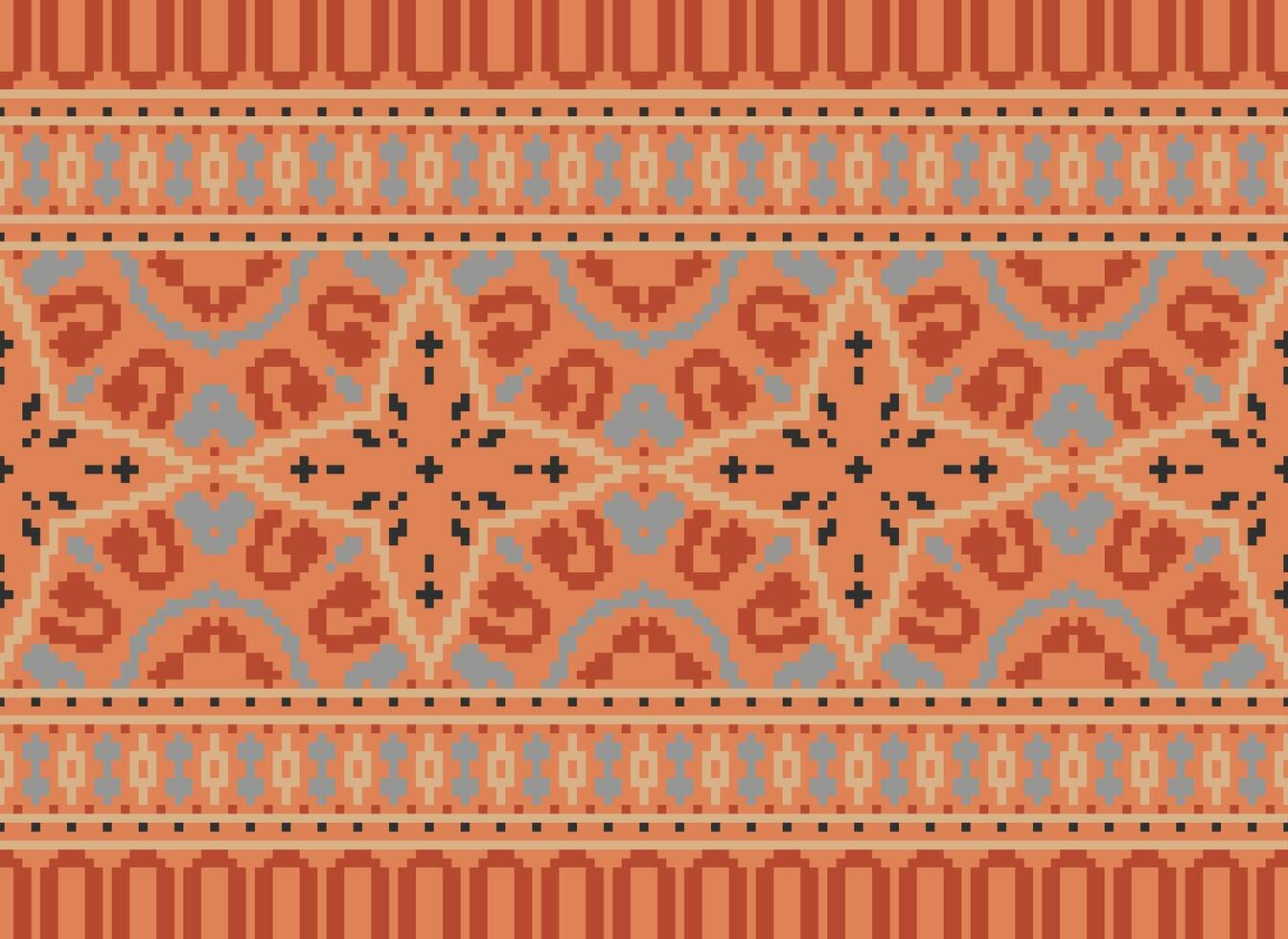 Cross Stitch pattern with Floral Designs. Traditional cross stitch needlework. Geometric Ethnic pattern, Embroidery, Textile ornamentation, fabric, Hand stitched pattern, Cultural stitching pixel art. vector