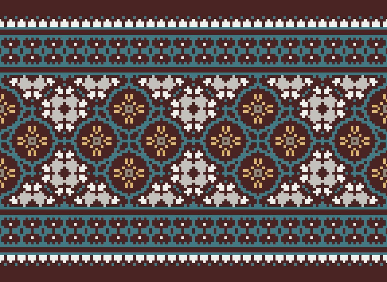 Pixel Cross Stitch pattern with Floral Designs. Traditional cross stitch needlework. Geometric Ethnic pattern, Embroidery, Textile ornamentation, fabric, Hand stitched pattern, Cultural stitching vector