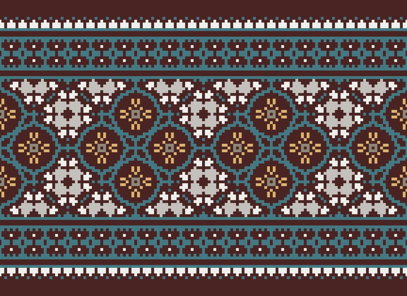 Pixel Cross Stitch pattern with Floral Designs. Traditional cross stitch needlework. Geometric Ethnic pattern, Embroidery, Textile ornamentation, fabric, Hand stitched pattern, Cultural stitching vector