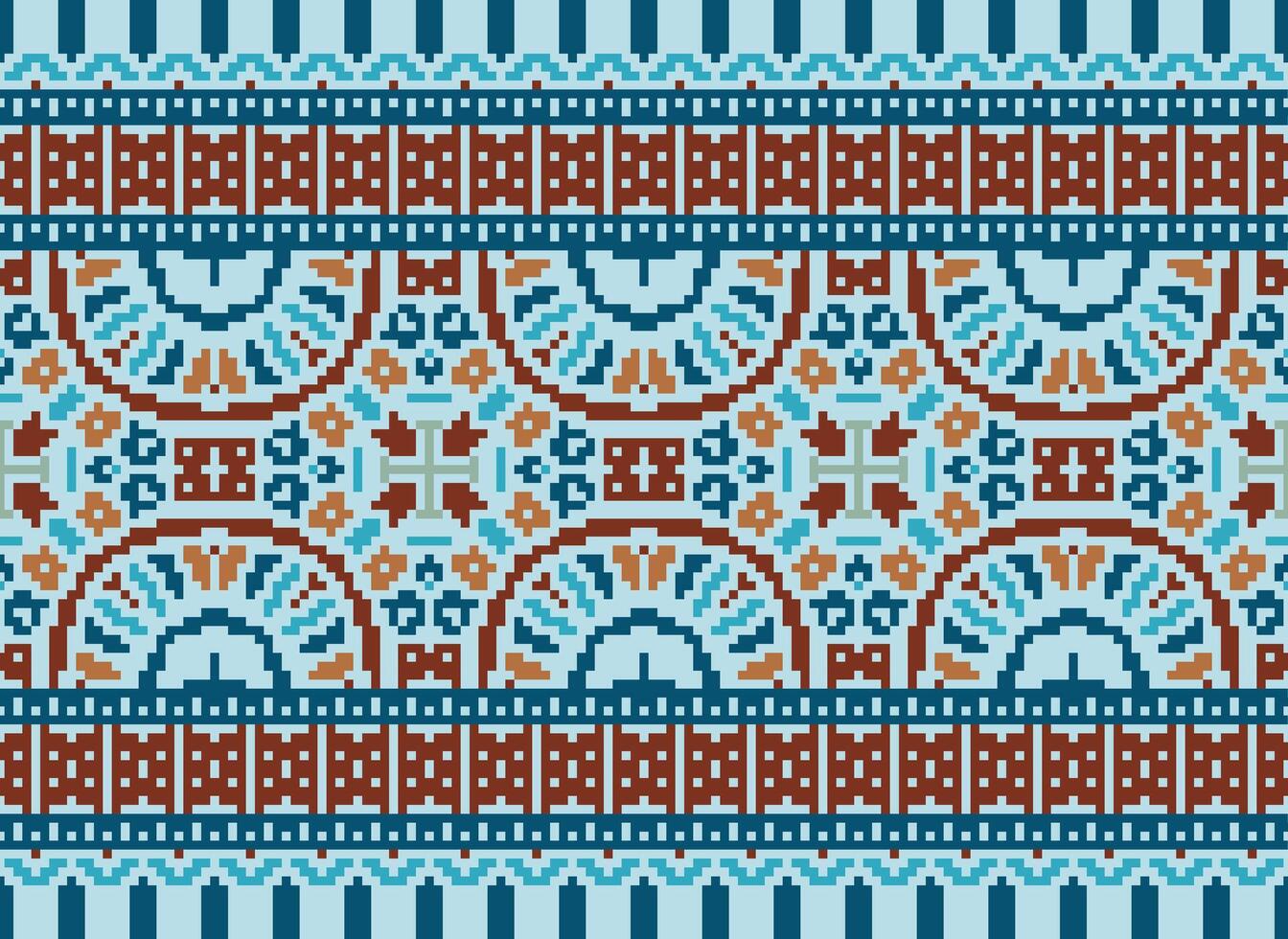 Cross Stitch Border. Embroidery Cross Stitch. Ethnic Patterns. Geometric Ethnic Indian pattern. Native Ethnic pattern.Texture Textile Fabric Clothing Knitwear print. Pixel Horizontal Seamless Vector. vector