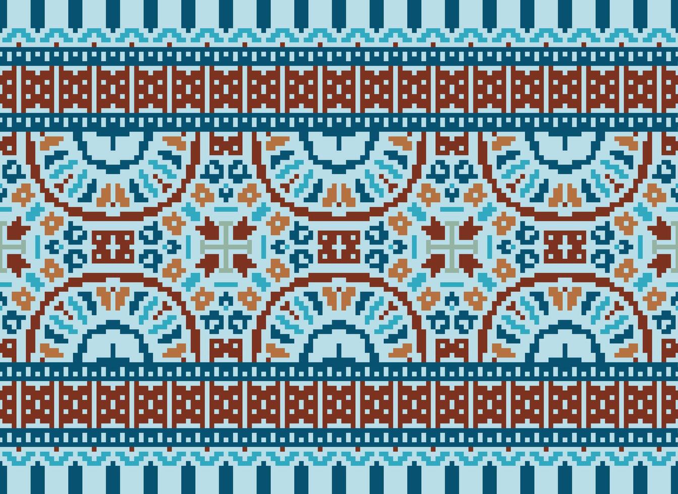 Cross Stitch Border. Embroidery Cross Stitch. Ethnic Patterns. Geometric Ethnic Indian pattern. Native Ethnic pattern.Texture Textile Fabric Clothing Knitwear print. Pixel Horizontal Seamless Vector. vector