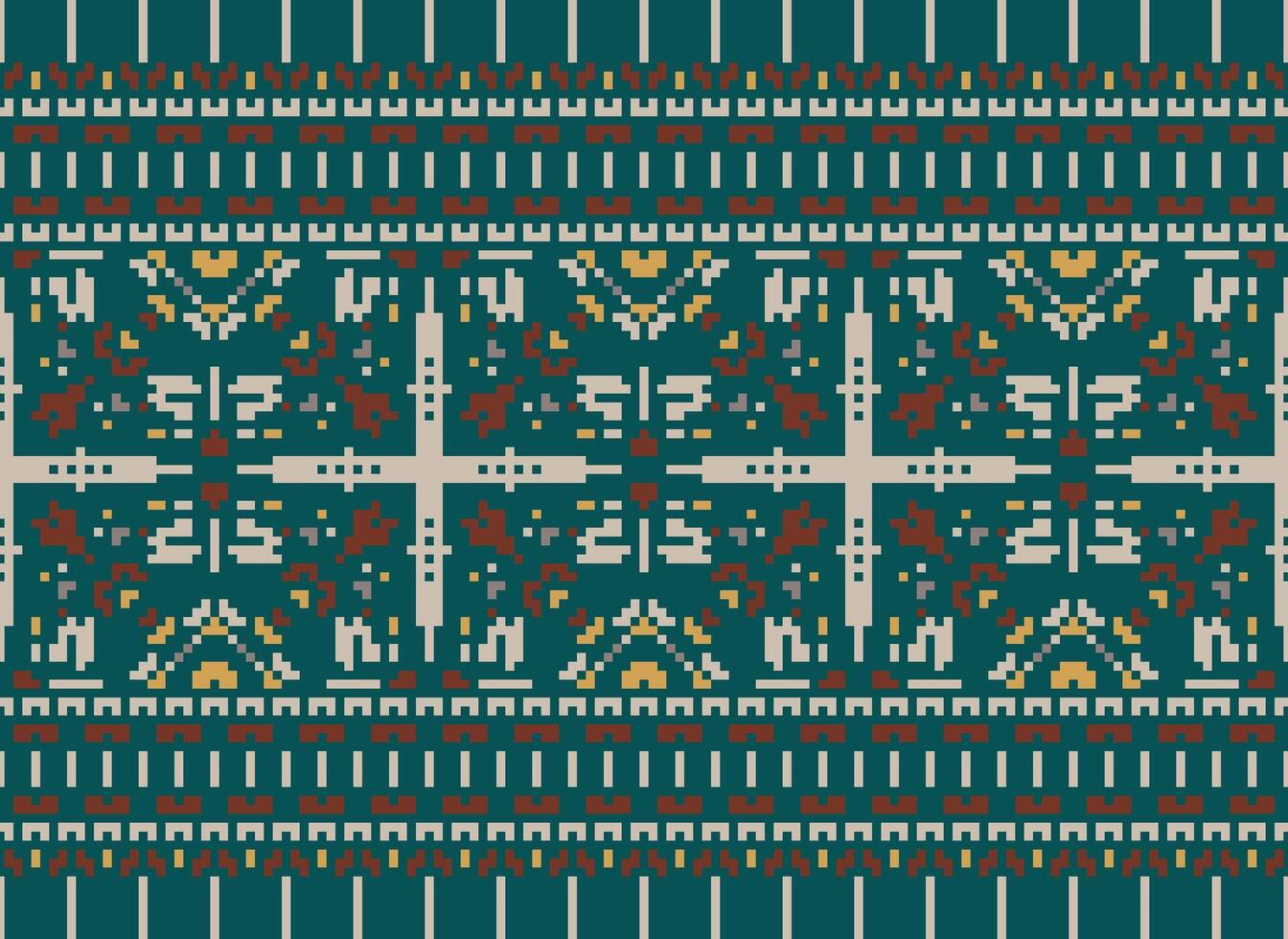 Cross Stitch pattern with Floral Designs. Traditional cross stitch needlework. Geometric Ethnic pattern, Embroidery, Textile ornamentation, fabric, Hand stitched pattern, Cultural stitching pixel art. vector