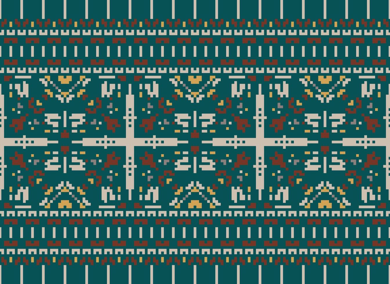 Cross Stitch pattern with Floral Designs. Traditional cross stitch needlework. Geometric Ethnic pattern, Embroidery, Textile ornamentation, fabric, Hand stitched pattern, Cultural stitching pixel art. vector