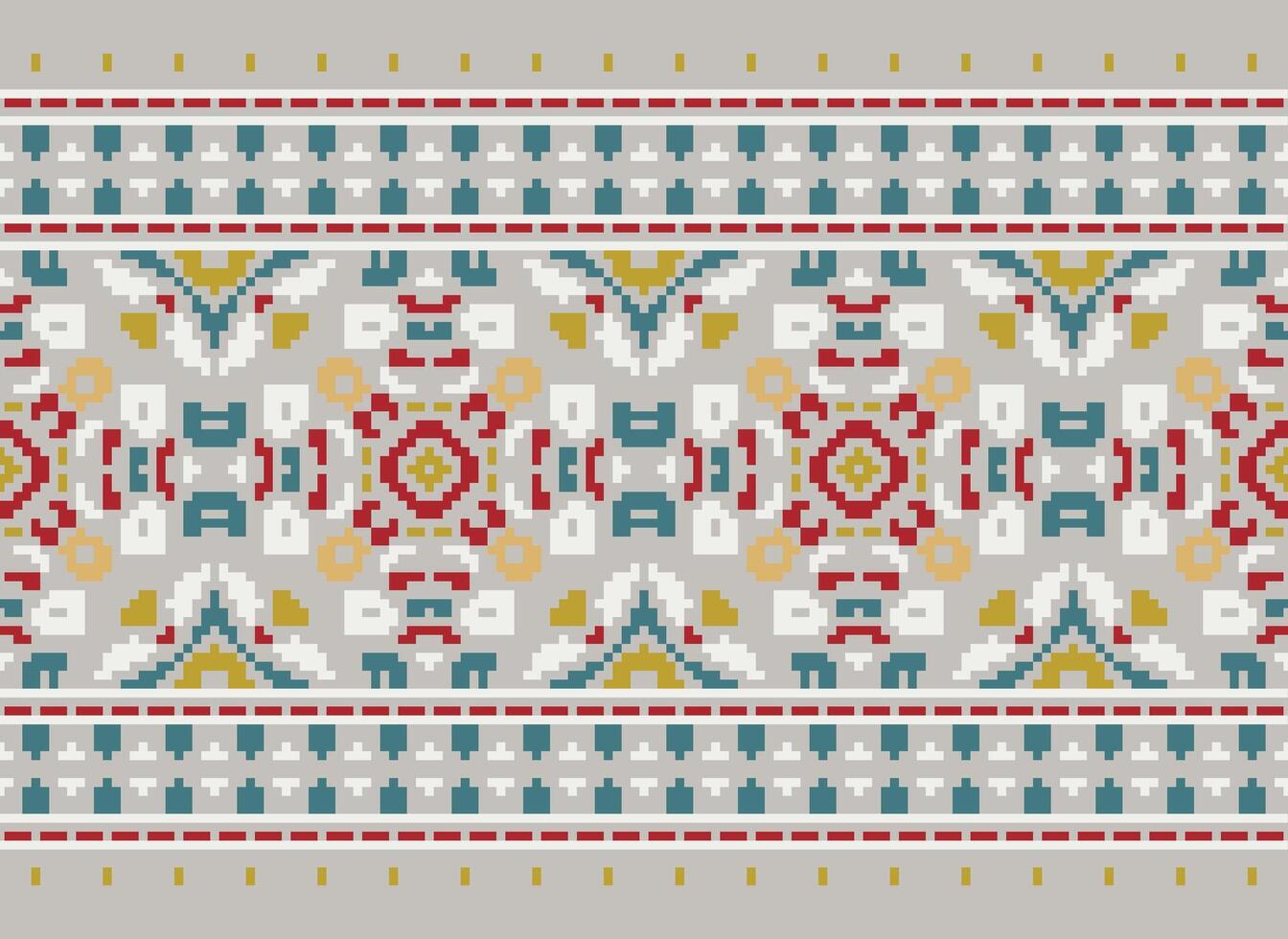 Cross Stitch pattern with Floral Designs. Traditional cross stitch needlework. Geometric Ethnic pattern, Embroidery, Textile ornamentation, fabric, Hand stitched pattern, Cultural stitching pixel art. vector