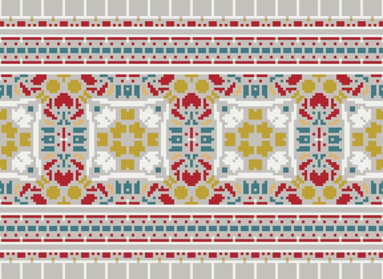 flower embroidery on brown background. ikat and cross stitch geometric seamless pattern ethnic oriental traditional. Aztec style illustration design for carpet, wallpaper, clothing, wrapping, batik. vector