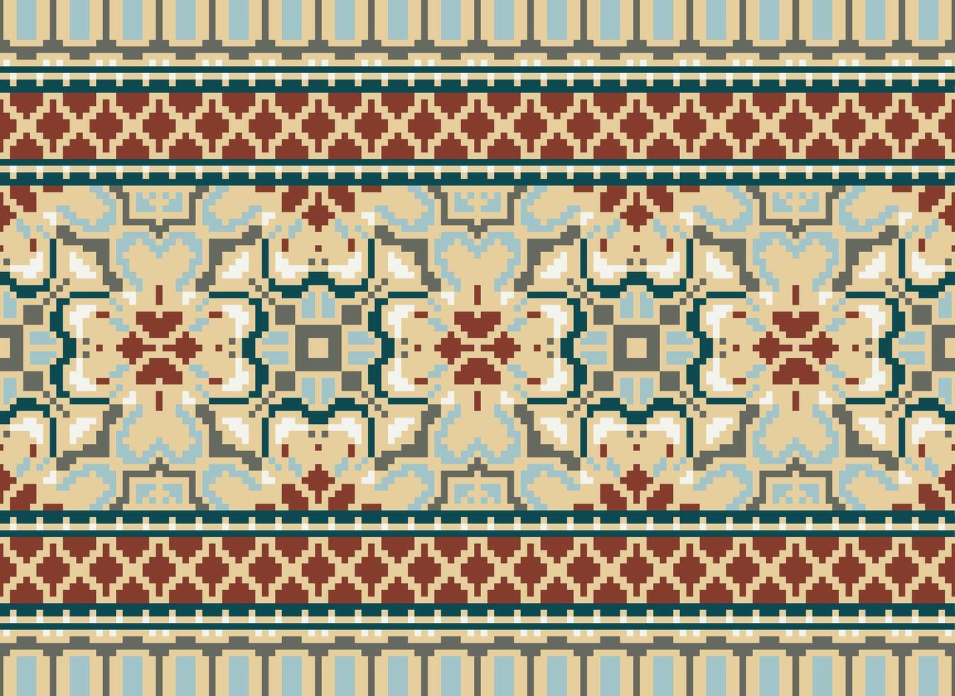 Cross Stitch Border. Embroidery Cross Stitch. Ethnic Patterns. Geometric Ethnic Indian pattern. Native Ethnic pattern.Texture Textile Fabric Clothing Knitwear print. Pixel Horizontal Seamless Vector. vector