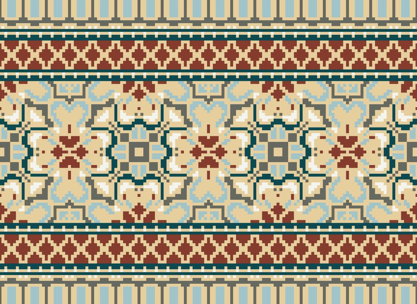 Cross Stitch Border. Embroidery Cross Stitch. Ethnic Patterns. Geometric Ethnic Indian pattern. Native Ethnic pattern.Texture Textile Fabric Clothing Knitwear print. Pixel Horizontal Seamless Vector. vector